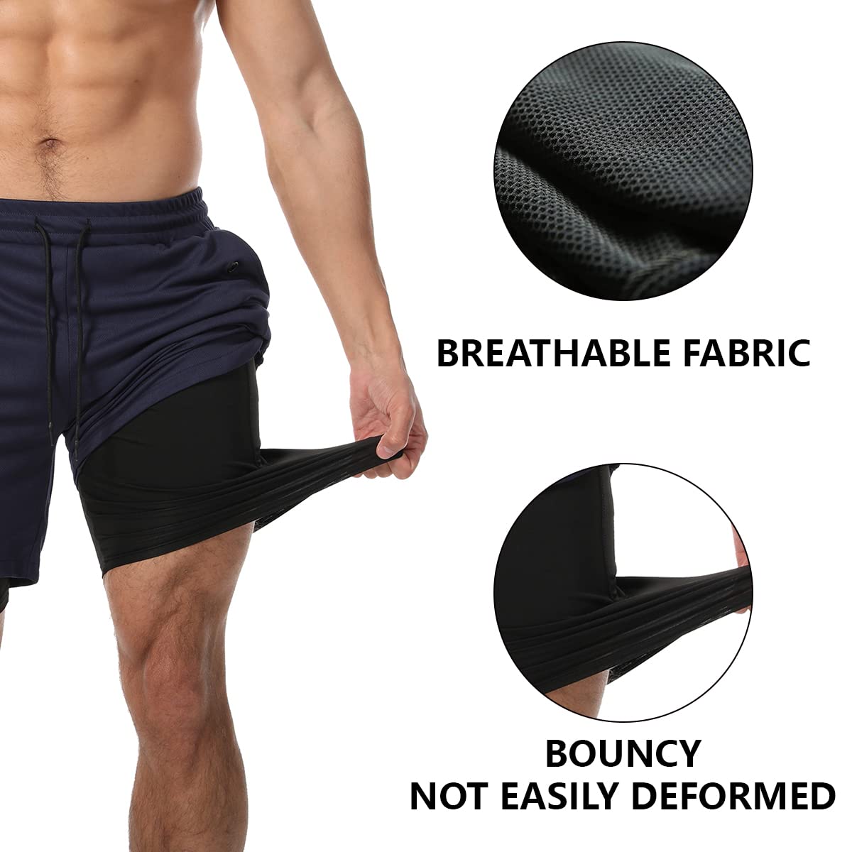 JWJ Men's 2 in 1 Workout Running Shorts 7 Inch Lightweight Athletic Gym Shorts with Compression Liner Camouflage Khaki L