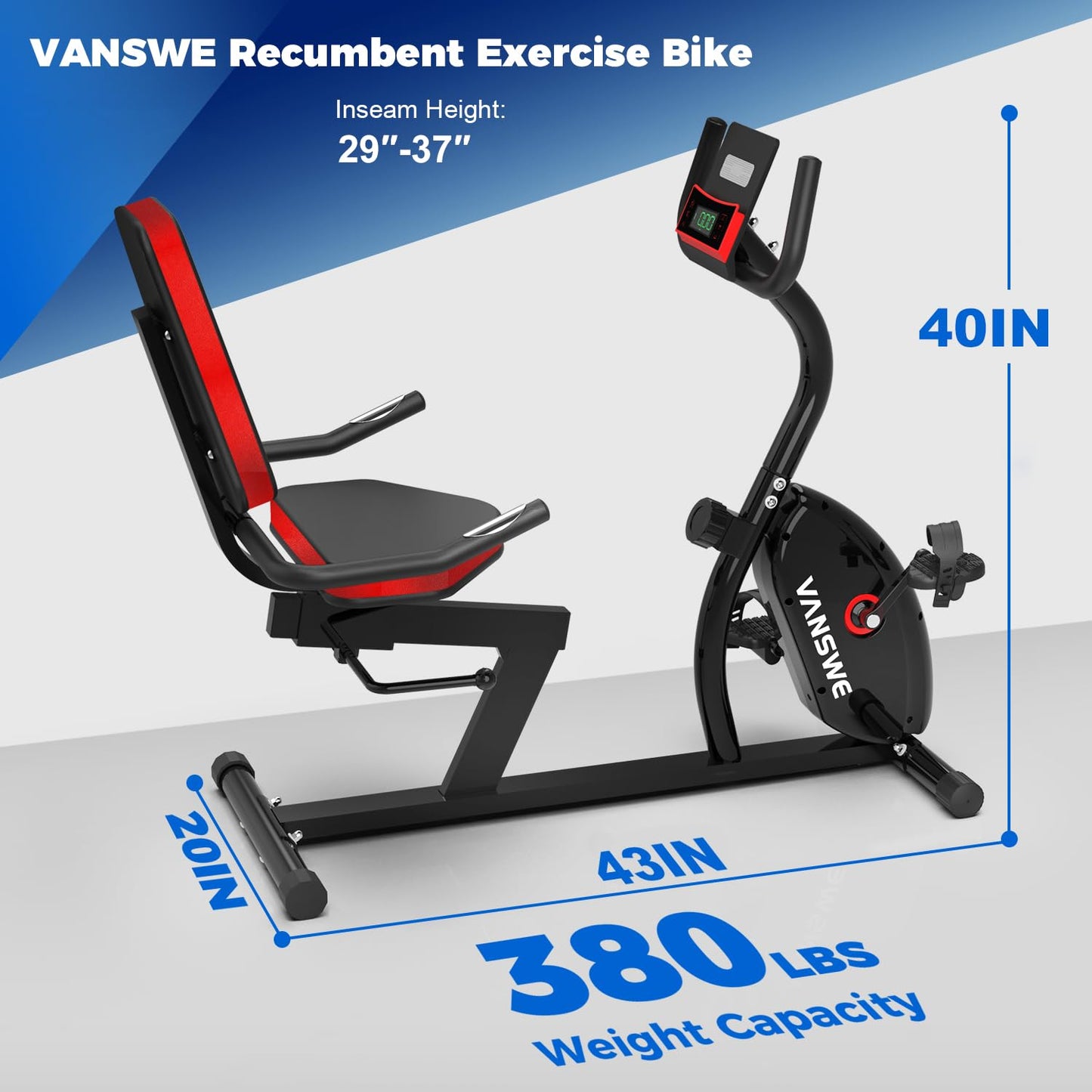 Vanswe Recumbent Exercise Bike for Adults Seniors - For Home Workout with 16 Levels Resistance, 380 lbs Weight Capacity, Bluetooth Connectivity and Pulse Sensor RB661(Red)