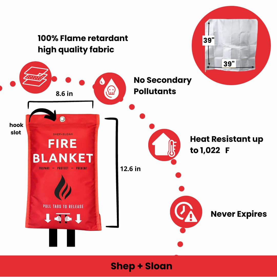 Shep + Sloan Emergency Fire Blanket for Home and Kitchen 2 pk| Easy Fire Blankets to Smother a Kitchen fire Fire Extinguisher Blanket Preferred Hero fire Blanket Emergency fire Blankets for Home