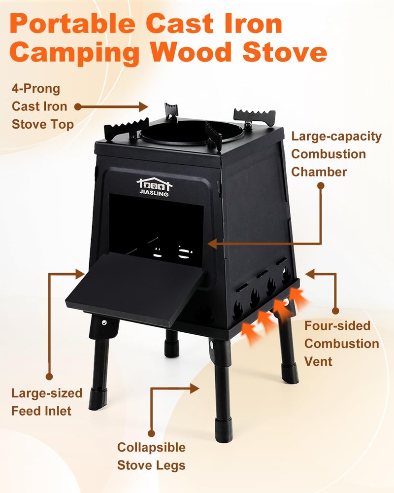 GVUHR Portable Wood Burning Stove - Lightweight Cast Iron Camp Stove for Backpacking，A Small Size 8.9in * 8.9in * 8.7in Backpacking Camping Stove Kit (Black, Small)