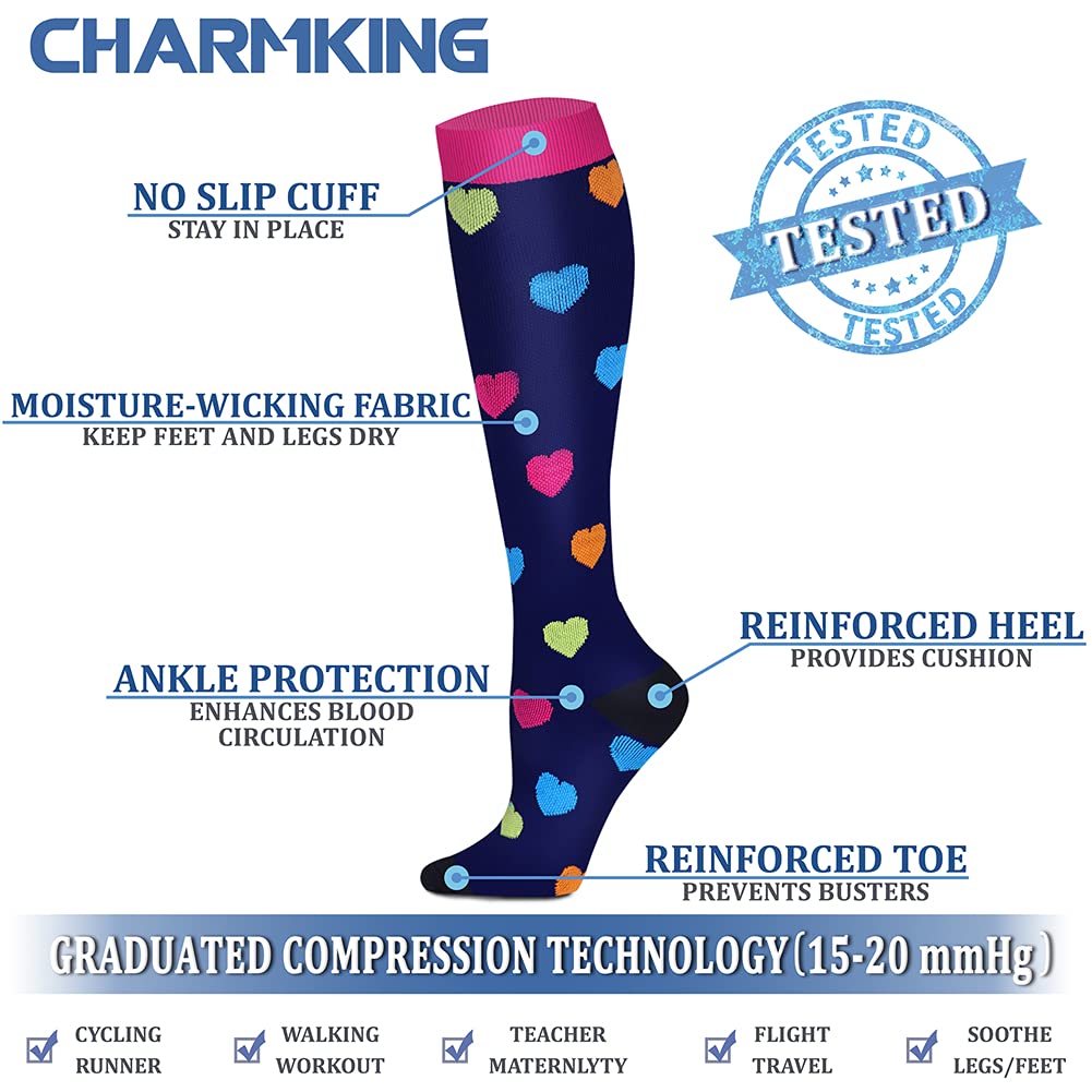 CHARMKING Compression Socks for Women & Men (8 Pairs) 15-20 mmHg Graduated Copper Support Calf Socks are Best for Pregnant, Nurses - Boost Performance, Circulation, Knee High Wide Calf(S/M, Multi 06)