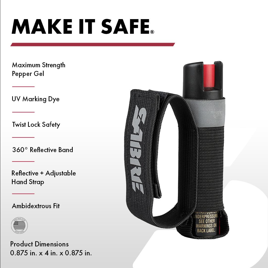 SABRE Runner Pepper Gel, Police Strength OC Spray, Adjustable 360° Reflective Hand Strap for Easy Carry & Access, 0.67 fl oz, 4X Longer Spray Time - Up to 13 Seconds, HPLC Tested, Reduced Blowback