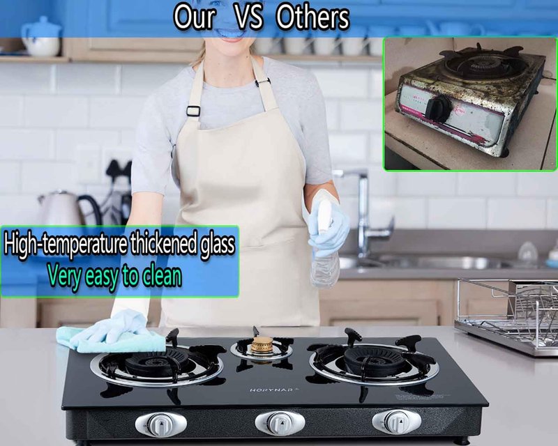 Horynar Propane Stove 3 Burner, Propane Burner, Auto Ignition, Gsa Stove 28,000 BTU,Thickened High-temperature Glass, Easy to Clean, with CSA Hose for Outdoor Cooking, RV, Emergency