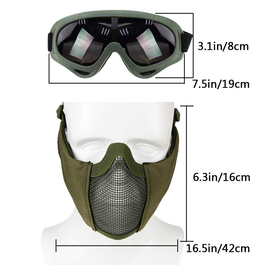 Yzpacc Airsoft Mask with Goggles, Foldable Half Face Airsoft Mesh Mask with Ear Protection for Paintball Shooting Cosplay CS Game