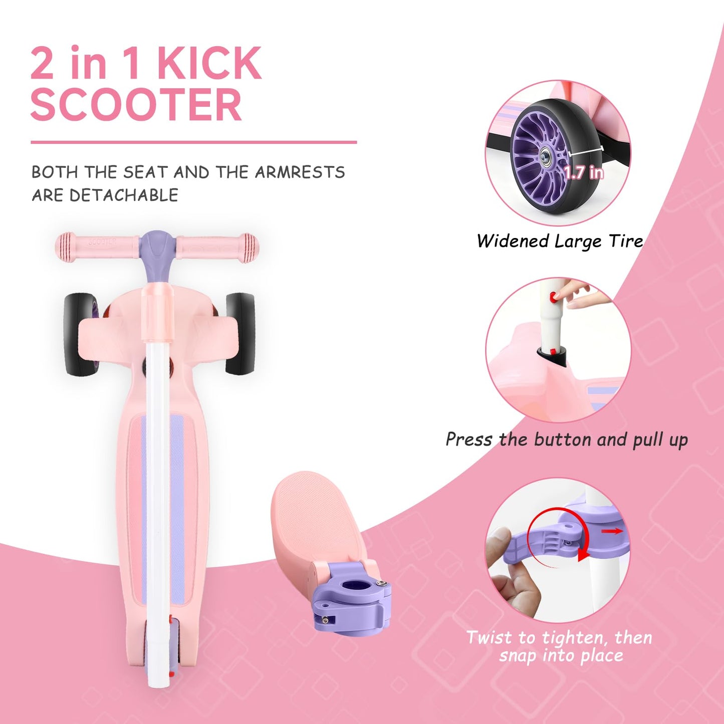 Wheelive 2 in 1 Kids Scooter with Removable Seat, Light up 3 Wheels Kick Scooter with 4 Adjustable Height Toddler Scooters Sit or Stand Ride for Boys & Girls 2-10 Years Old（Pink）