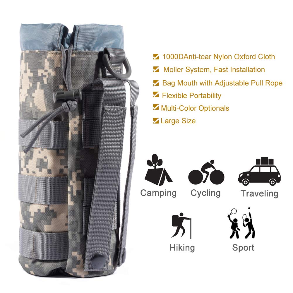 Upgraded Sports Water Bottles Pouch Bag, Tactical Drawstring Molle Water Bottle Holder Tactical Pouches, Travel Mesh Water Bottle Bag Tactical Hydration Carrier (ACU-2Pack)