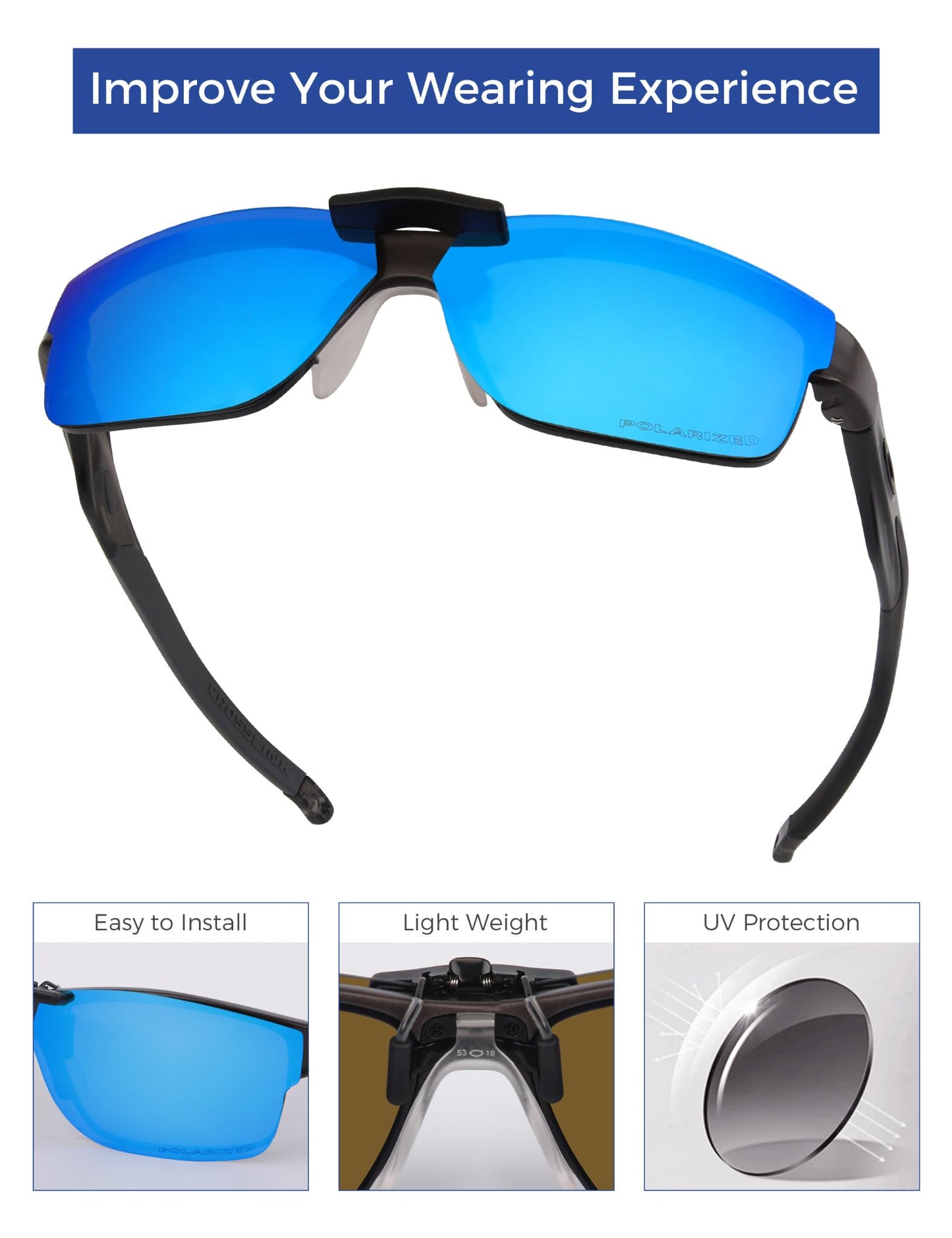 HILEEN Polarized Clip-on Sunglasses for Oakley Crosslink OX3128 53-18 for Men Women UV Protection-Ice Blue