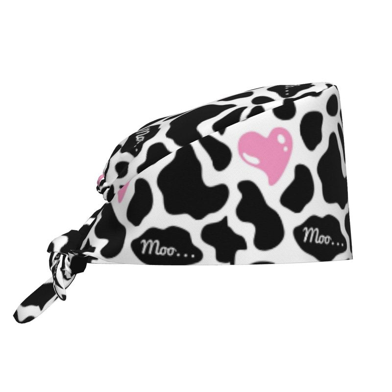 Black and White Cow Print Love Heart Cute Pink Working Cap Scrub Cap with Sweatband Adjustable Unisex Women Tie Back Hat Nurse Surgical Caps