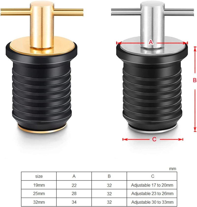 Drain Plug - T-Shape Twist-Turn Marine Boat Drain Plug | Brass Snap Handle, 3/4" to 1-1/4" Sizes