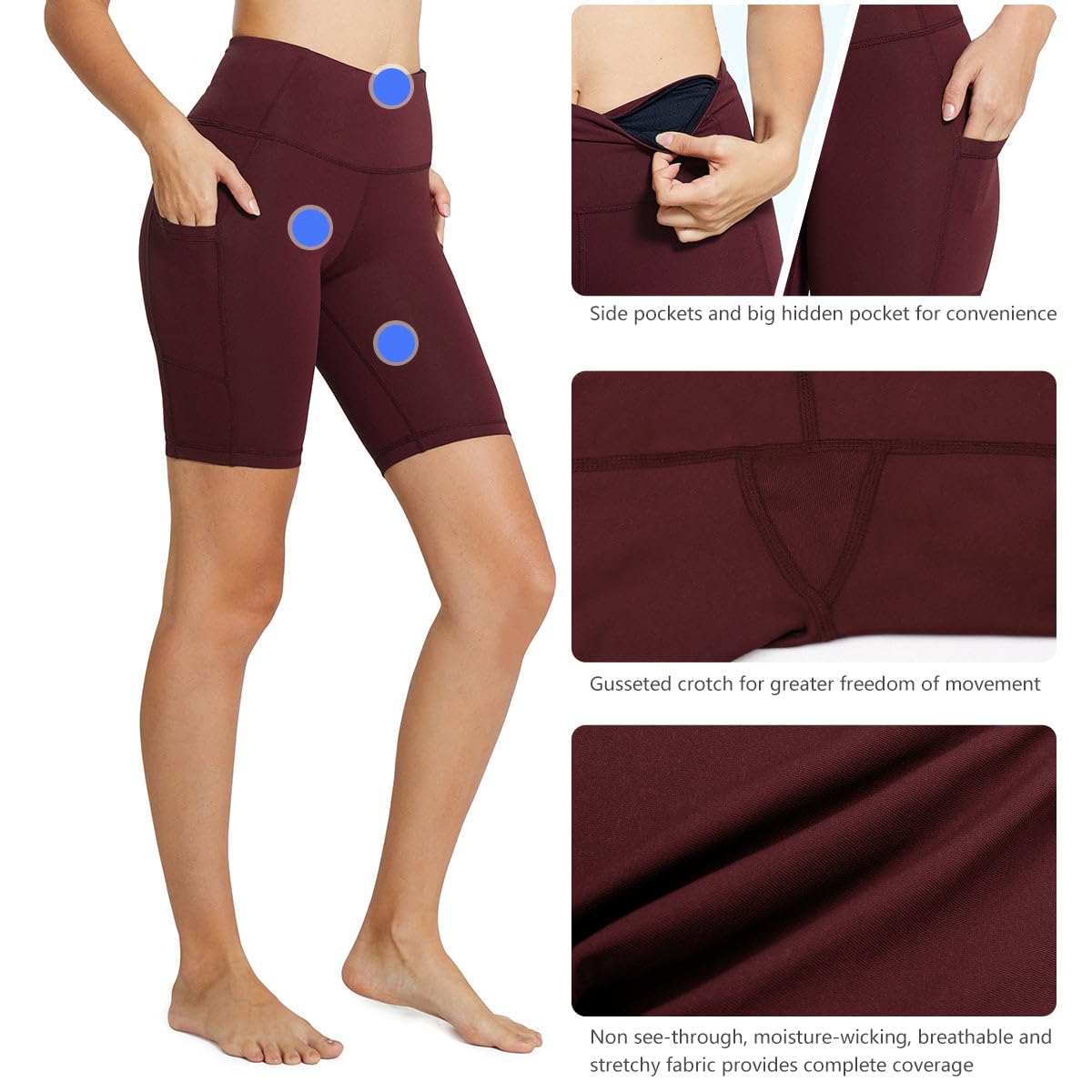 baleaf Biker Shorts Women Yoga Gym Workout Spandex Running Volleyball Tummy Control Compression with Pockets 8" Wine Red M