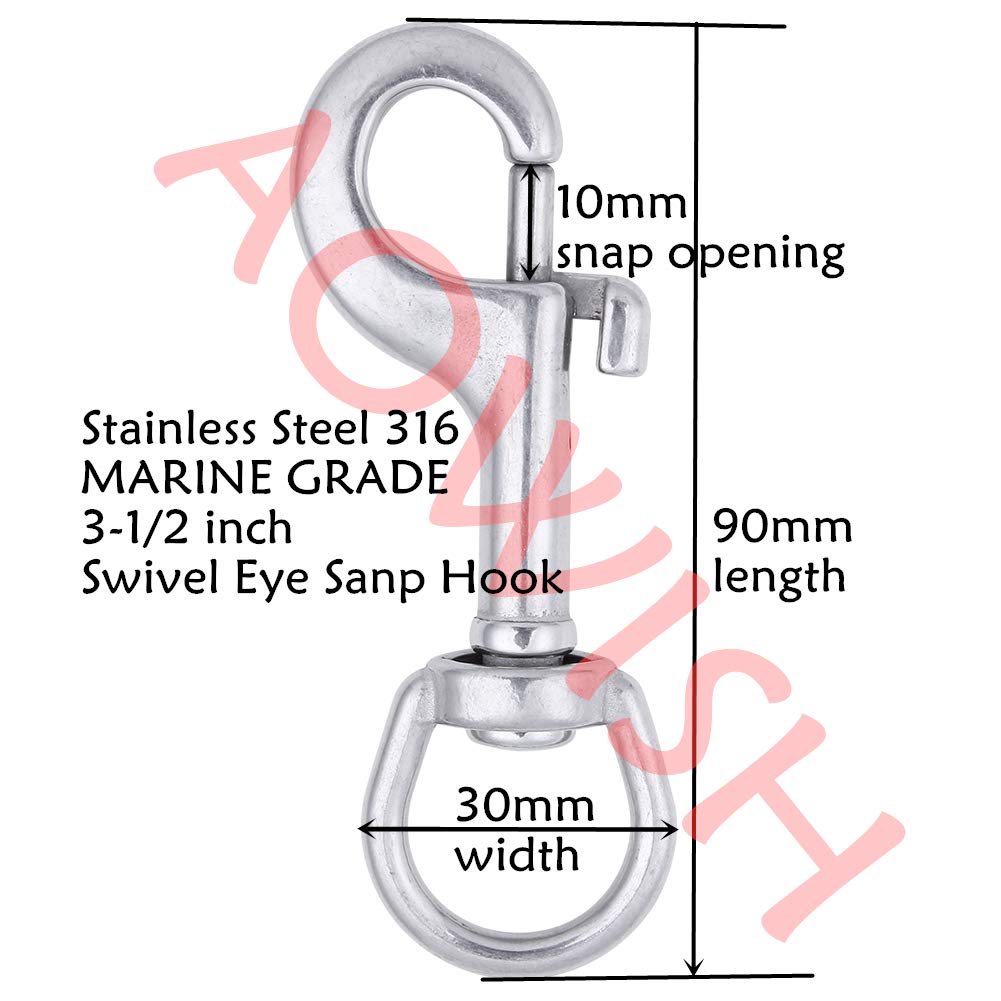 AOWISH 2-Pack 316 Stainless Steel Swivel Eye Bolt Snap Hook Marine Grade Single Ended Diving Clips for Flagpole/Pet Leash/Camera Strap/Keychains/Tarp Covers/Clothesline and More (3-1/2 inch, Silver)