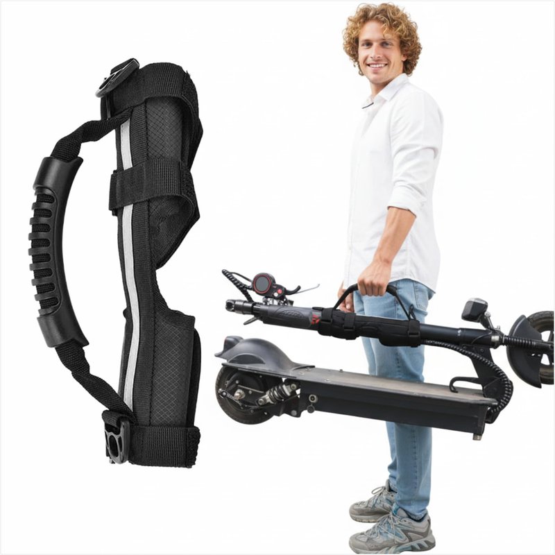 Folding Handle Strap for Scooters – Universal Oxford Cloth Hand Carrier with Adjustable Shoulder Strap, Rubber Handle & Triple (Black)