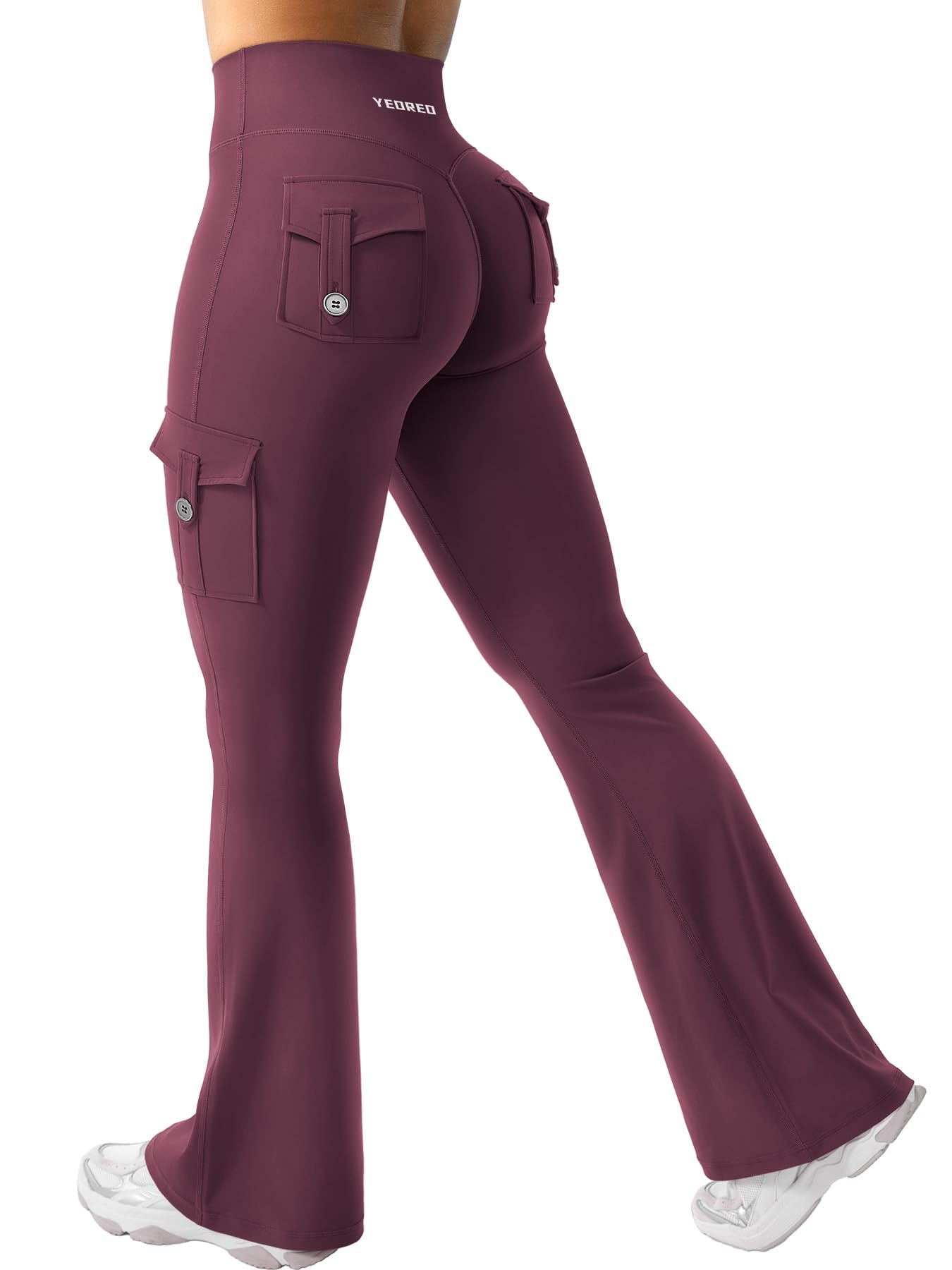 YEOREO CoreFlex Women Workout Flare Leggings with Pockets Hidden Scrunch High Waisted Cargo Gym Yoga Leggings Dark Cherry M