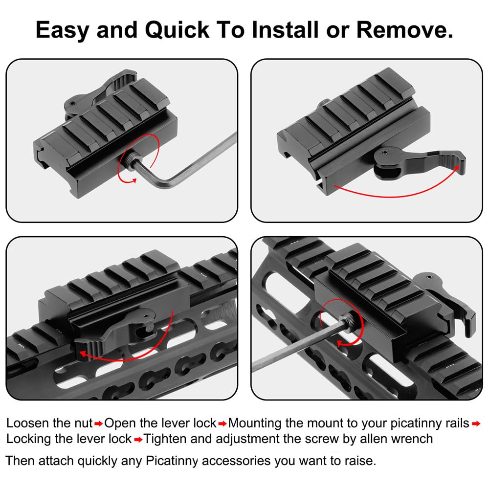 LONSEL Picatinny Riser Mount, Low Profile Rail Riser Mounts Adaptor with QD Lever Lock Quick Release & 5 Slots Picatinny Rails for Scope Rings Optics Sights, 1/2" H x 2.5''L (2 Pack)