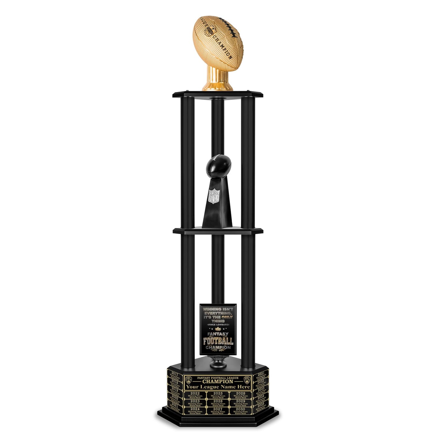 TrophySmack Perpetual Fantasy Football Trophy - Customizable Championship Trophy Award Winner | Free Engraving up to 19 Years Past Winners, 56 Inch Tall (Black Gold)