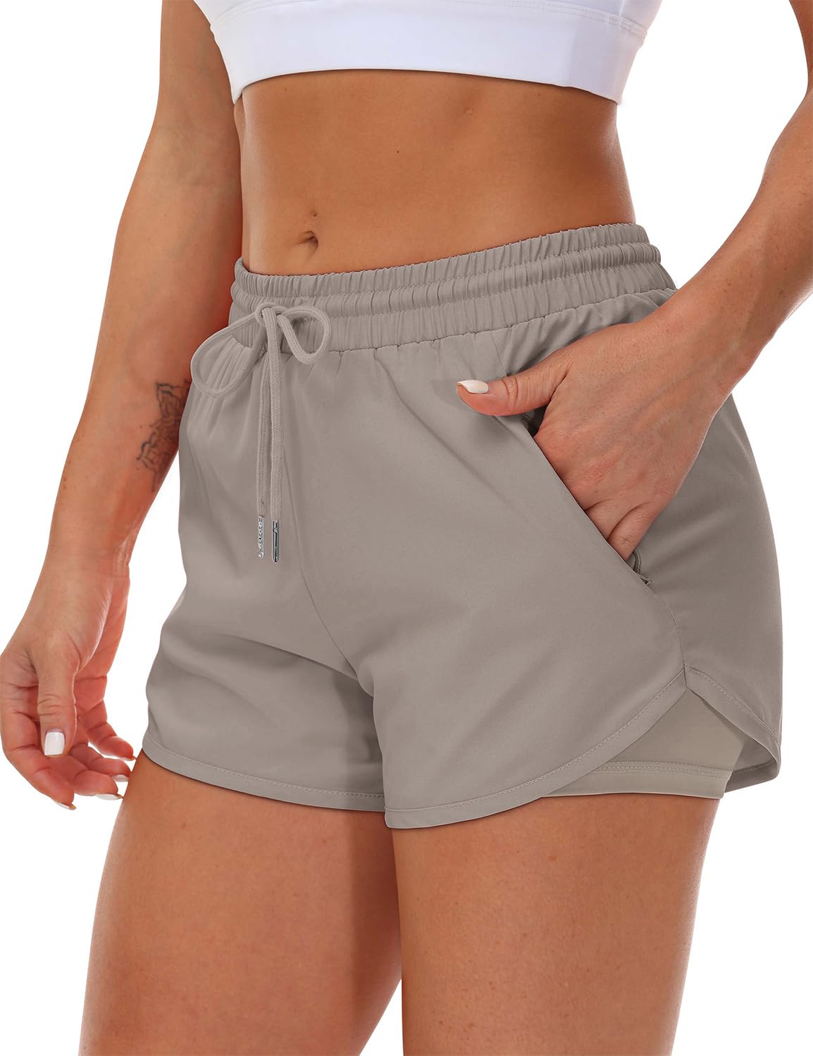 Mancreda Women's Running Shorts with Liner 3 Zipper Pockets Elastic Workout Athletic Gym Yoga Shorts(CA,M) Khaki