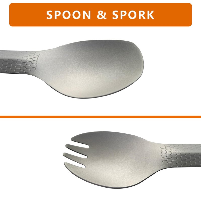 Dawn Deer 3 in1 Titanium Ultralight Cutlery Set, Long Handle Spoon and Spork, Camping tong, Travel Utensils with Bag (22CM)