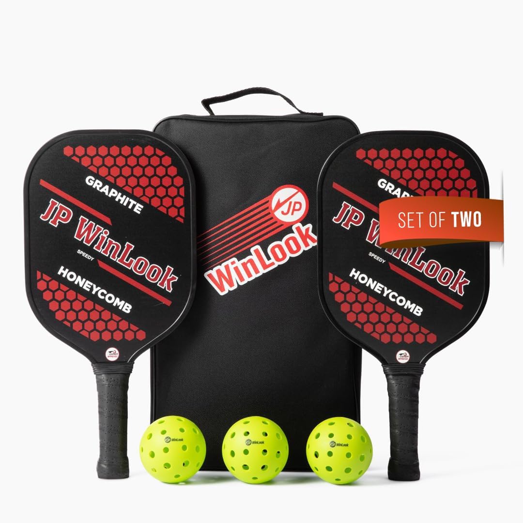 JP WinLook Premium Pickleball Paddles Set - Graphite Carbon Fiber Rackets for Indoor/Outdoor Play | Includes Balls & Carry Bag