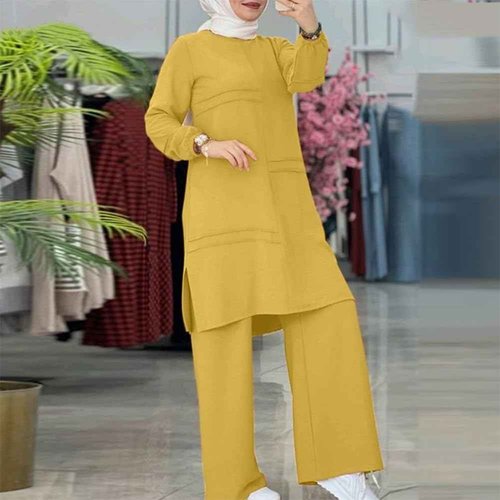 ODIZLI Women's Muslim 2 Pieces Sets Long Sleeve Top Dress and Pants Dubai Abaya Outfits Long Abaya for Women Eid Ramadan Church Prayer Dress for Islamic Arabic Dubai Modest Clothes Yellow CC 2XL