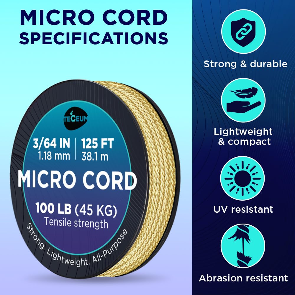 TECEUM Micro Paracord – Golden Sand – 1.18 mm x 125 ft – Micro Utility Cord – Thin Braided Paracord Rope Nylon Polyester – Wind Chime Replacement – Survival Strong String 028c