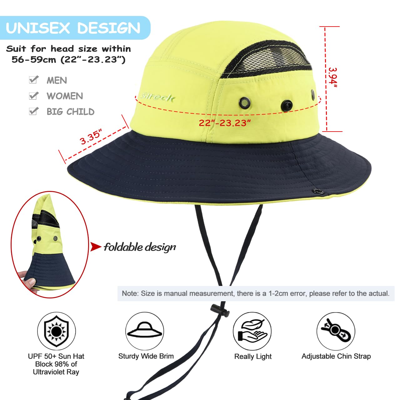 Sireck Sun Hat for Men Women UPF50+ Fishing Hat Waterproof Breathable Bucket Hat, UV Protection Wide Brim Summer Safari Hats for Outdoor Hiking Beach Camping Garden (Fluorescent Yellow)