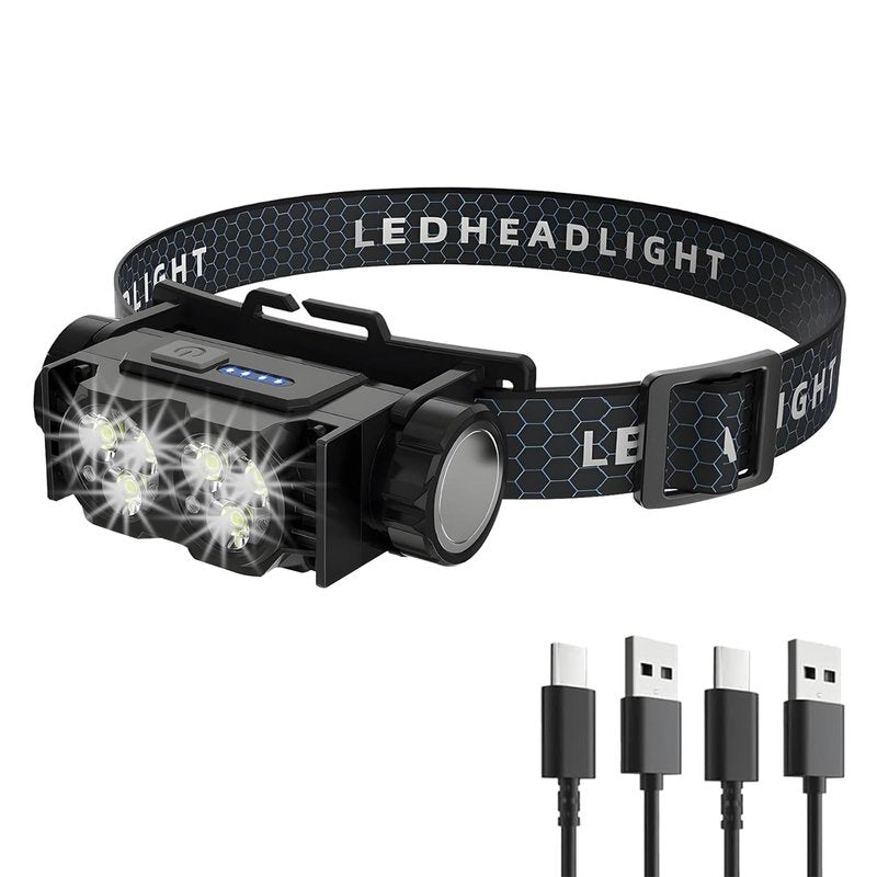 2-Pack LED Headlamp Rechargeable – Super Bright Magnetic Headlight with Type-C Fast Charging, Waterproof, Real-Time Power, Lightweight, 120° Adjustable Beam, Compact for Camping, Hiking, Work, Black