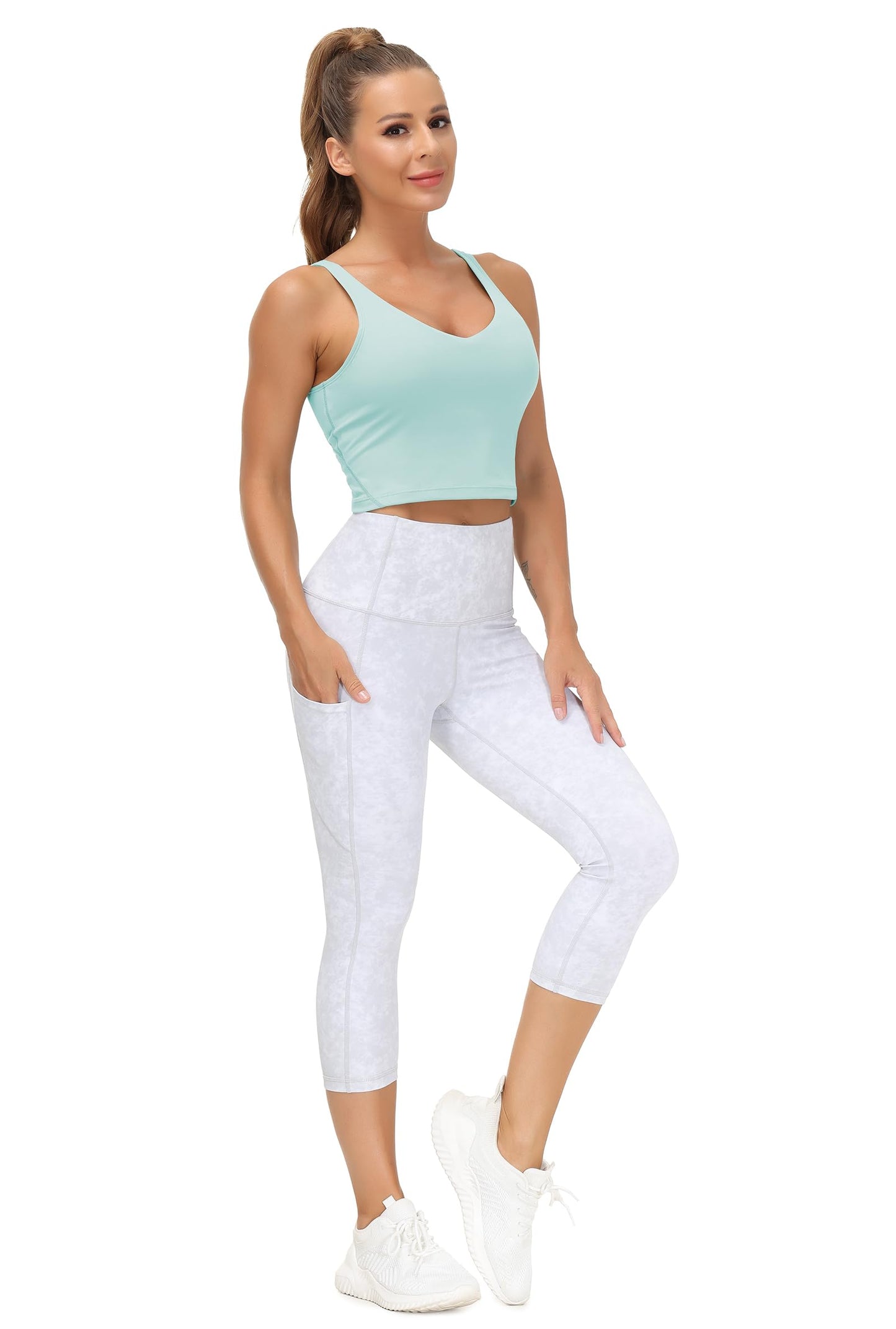 Women’s Longline Sports Bra Wirefree Padded Medium Support Yoga Bras Gym Running Workout Tank Tops Light Blue
