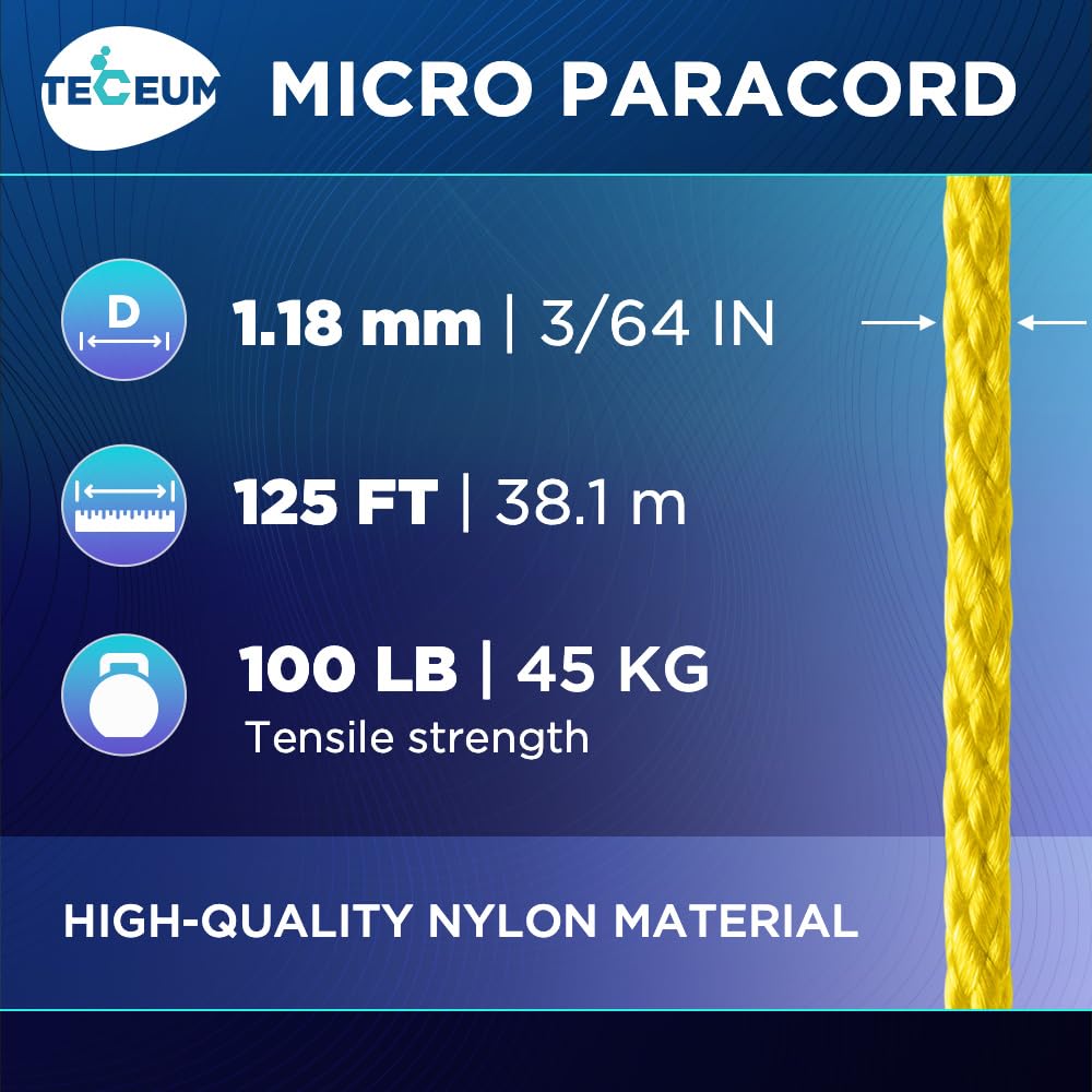 TECEUM Micro Paracord – Yellow – 1.18 mm x 125 ft – Micro Utility Cord – Thin Braided Paracord Rope Nylon Polyester – Wind Chime Replacement – Survival Strong String 019c