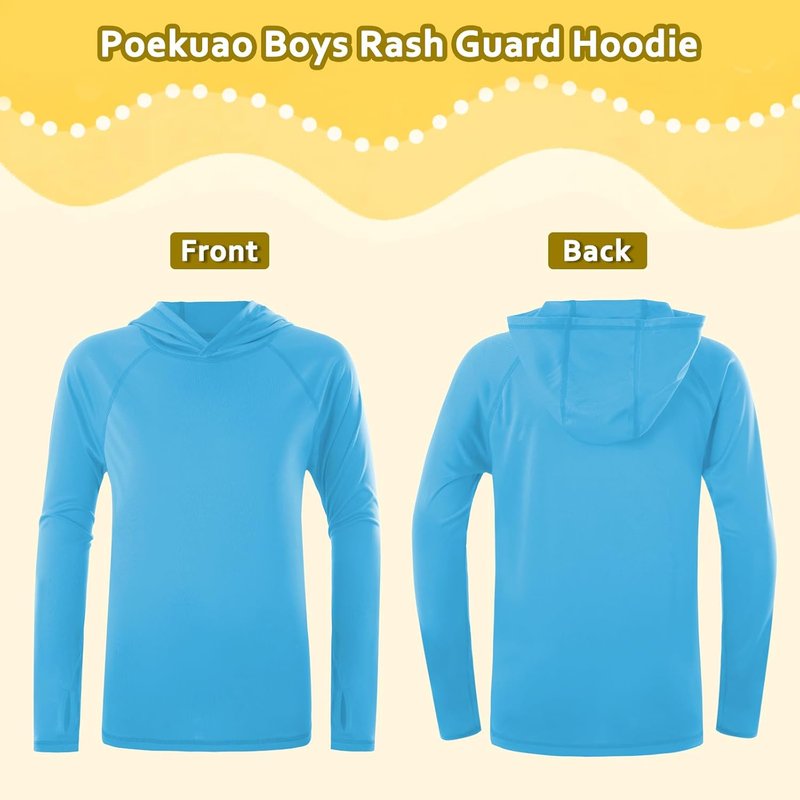 Boys Rash Guard Hoodie - UPF 50+ Sun Protection Long Sleeve Swim Shirt | Quick Dry Kids Fishing Beachwear