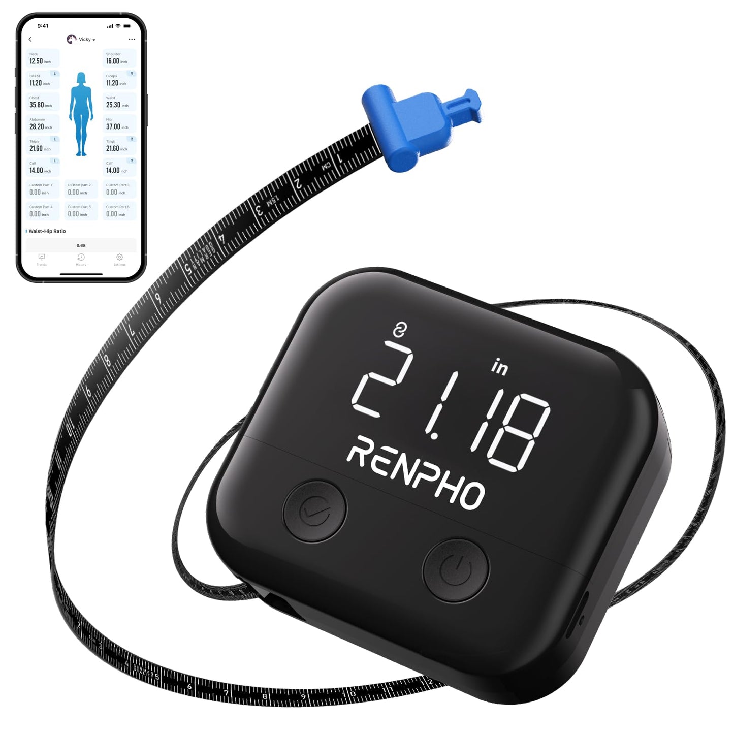 RENPHO Smart Body Measuring Tape, Rechargeable Tape Measure with LED Display, Measuring Tape for Body Measurements with App for Weight Loss & Fitness Shape, Retractable, 60in /150cm, Black