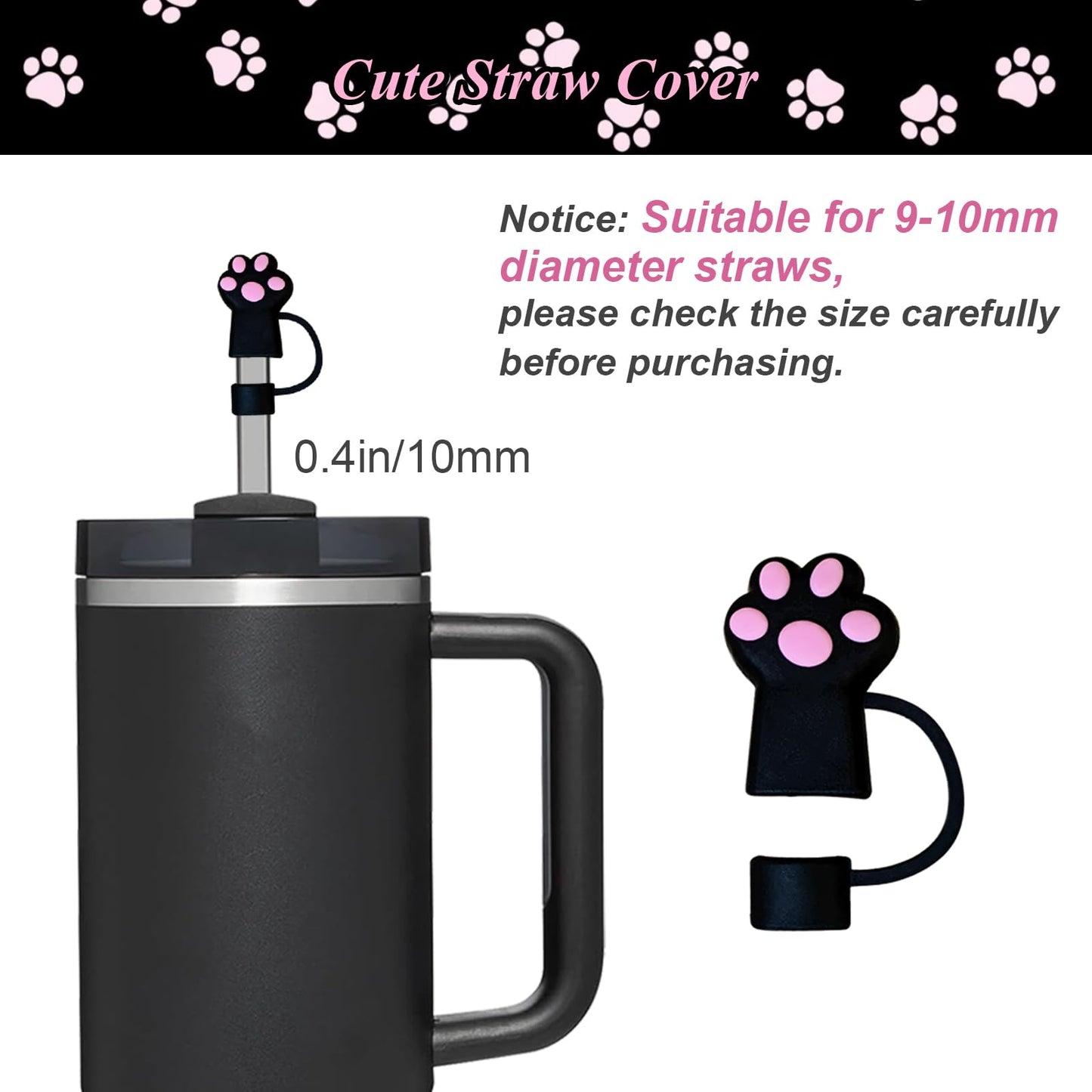 VirgoCCY 6PCS Cute Cat Stanley Cup Accessories Set for Stanley Cup 30oz 40oz, Includes Straw Topper, Siliocne Boot, Water Bottle Handle Strap, Cat Charms, Black