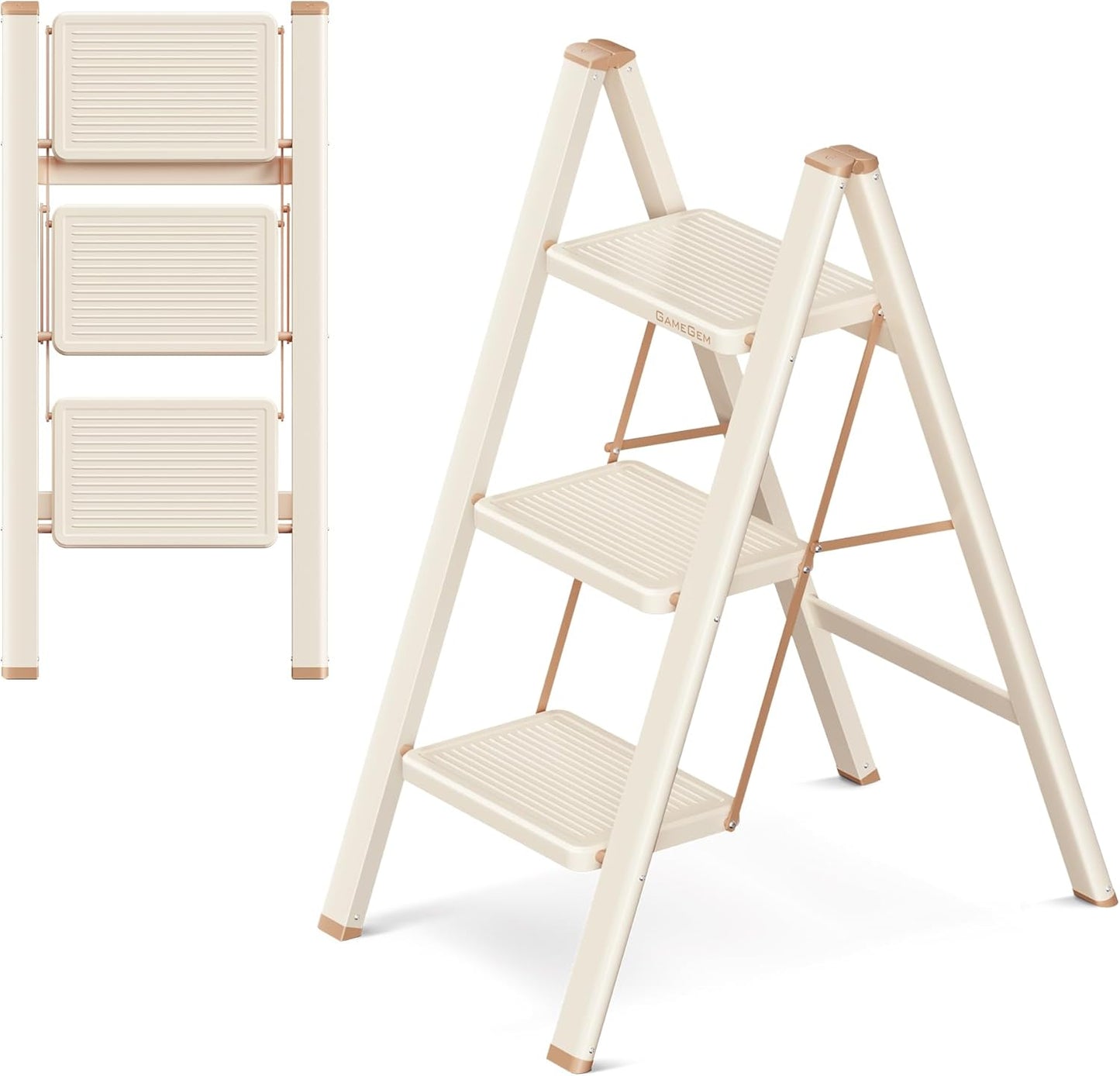 Folding Step Stool - 3 Step Ladder with Wide Anti-Slip Pedal | 330LBS Capacity, Lightweight, Cream Chocolate
