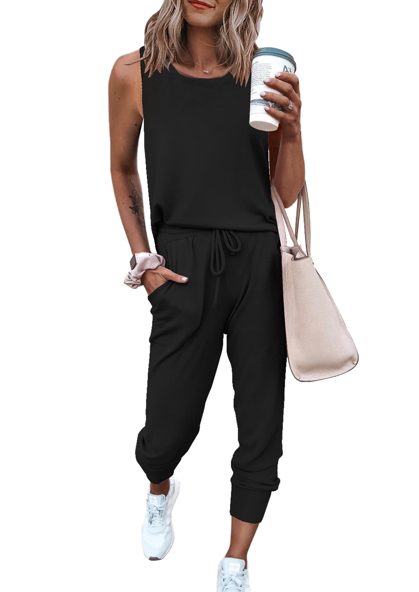 PRETTYGARDEN Women's Two Piece Outfit Sets Casual Summer Sleeveless Crewneck Tops and Sweatpants Active Tracksuit Lounge Wear (Black,Medium)