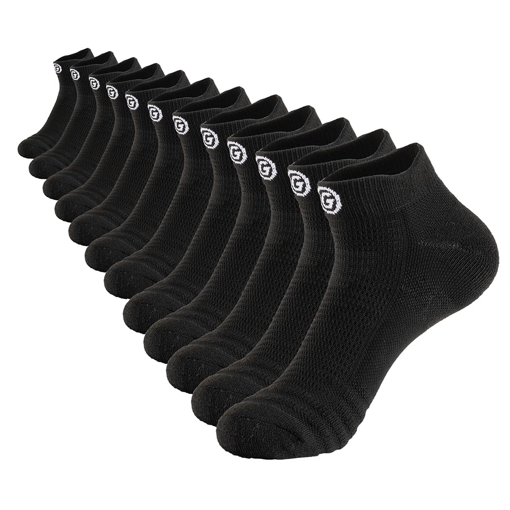 GLENMEARL Mens Womens Athletic Ankle Socks Compression Cushion Padded Arch Support Moisture Wicking Low Cut Socks for Running Walking Cycling Hiking Sport Unisex Adult 6 Pack Black Size 10-13