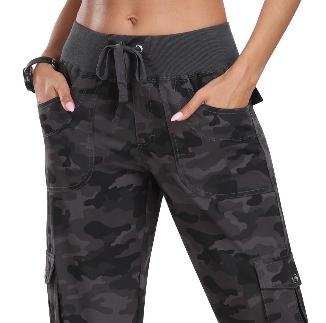 MoFiz Womens Capris with Pockets Loose Fit Casual Capri Pants Dressy Lightweight Ladies Baggy Cargo Pants for Hiking Camo Gray 4XL