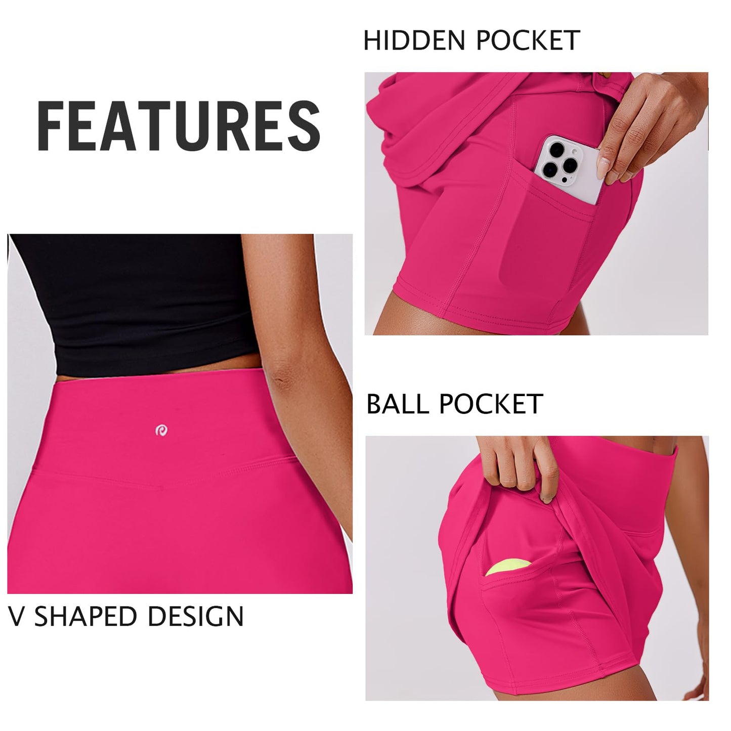 PINSPARK Tennis Skorts for Women with Pockets Tummy Control Athletic Golf Skort Lightweight Solid Skort Skirts with 2 Pockets, Hot Pink Medium