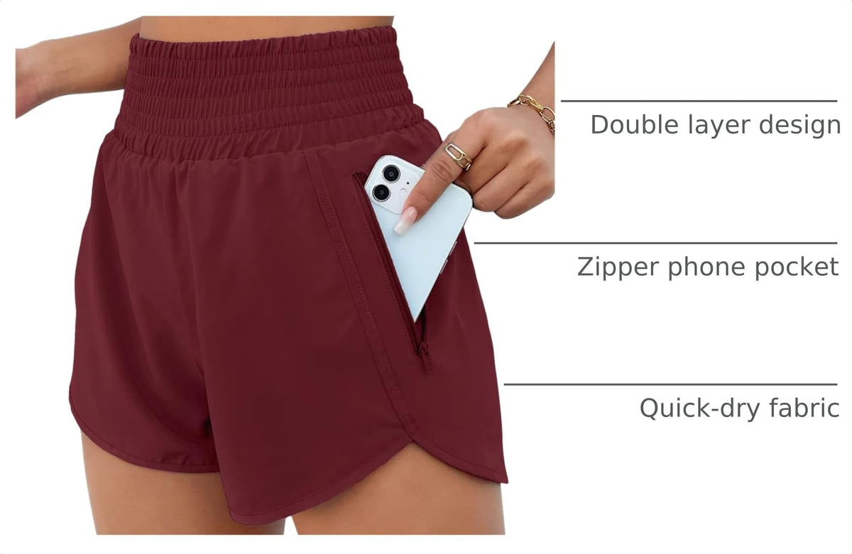 BMJL Women's Athletic Shorts High Waisted Running Short Pocket 2.5" Sporty Shorts Gym Elastic Workout Shorts(M,Wine Red)