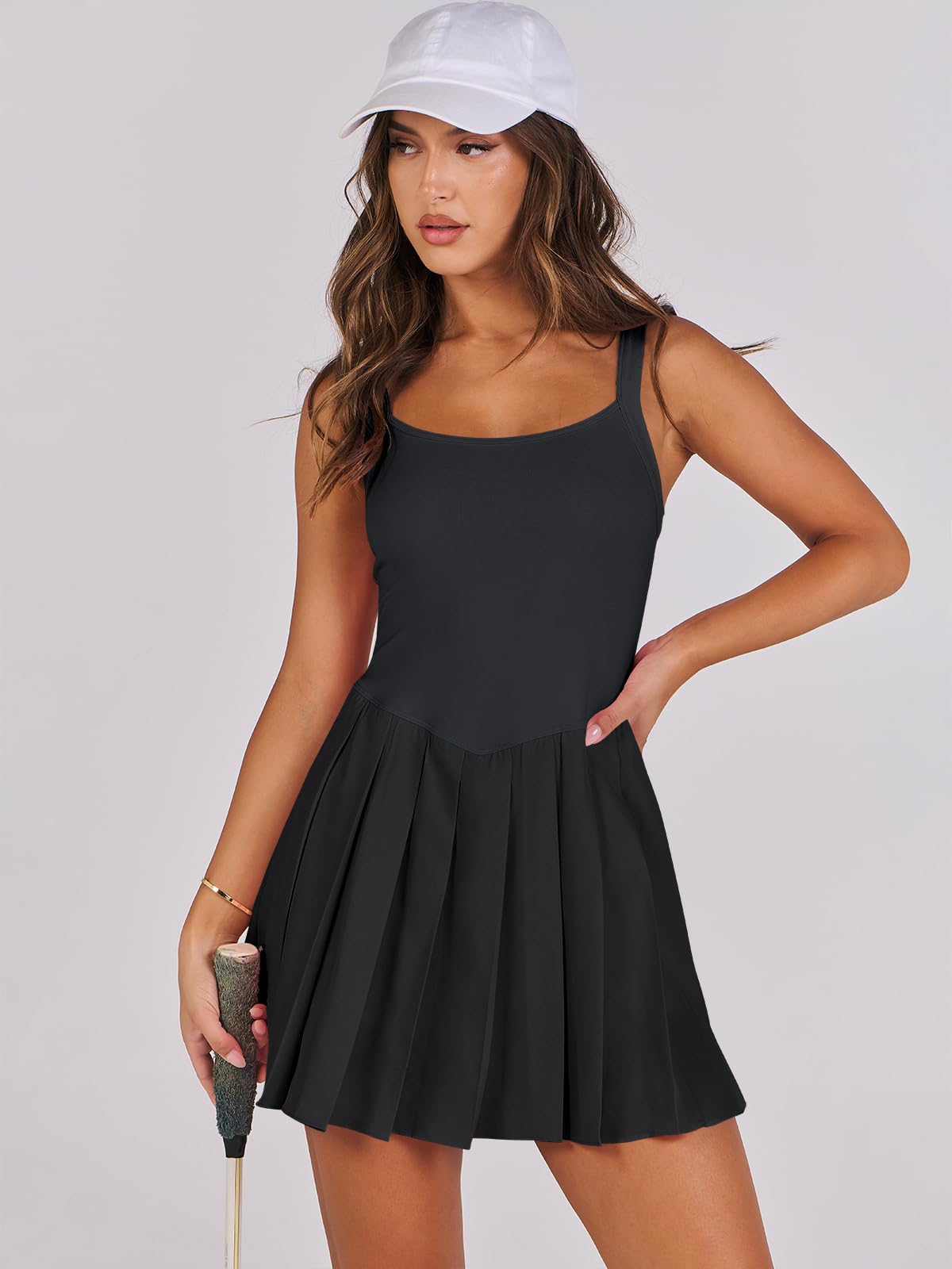ANRABESS Women's Tennis Athletic Pleated Summer Mini Dress 2025 Golf Workout Build in Shorts Casual Romper Short Sundress Black Medium