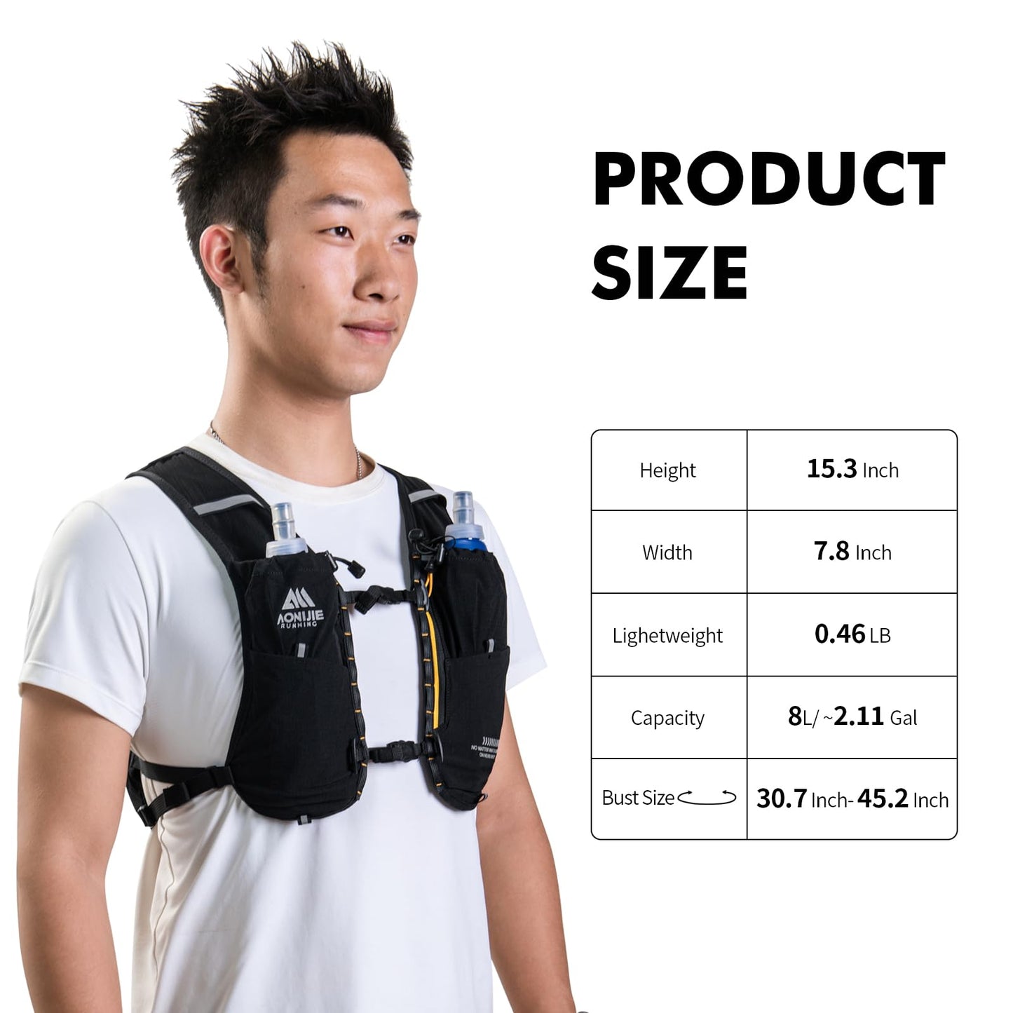 AONIJIE Running Hydration Vest for Men & Women, 8L Hydration Backpack, Multiple Pocket Designs for Water Bottles/Bladders, Lightweight Breathable for Hiking, Climbing, Marathon & Cycling - Black