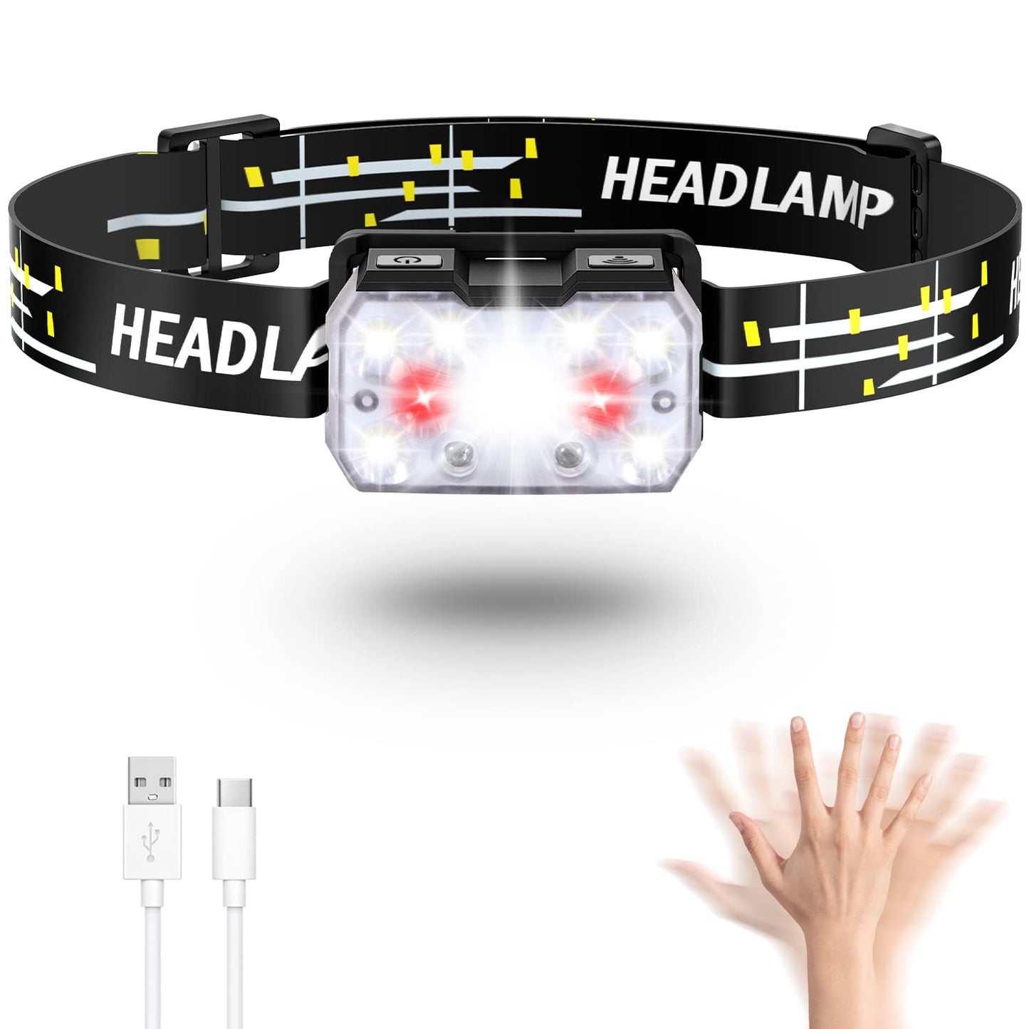 Lsnisni Headlamp Rechargeable, 2000 Lumen Ultra-Light Bright LED Head Lamp with White Red Light, 10 Modes, Motion Sensor, Hook, Waterproof Forehead Flashlight for Camping Hiking Cycling