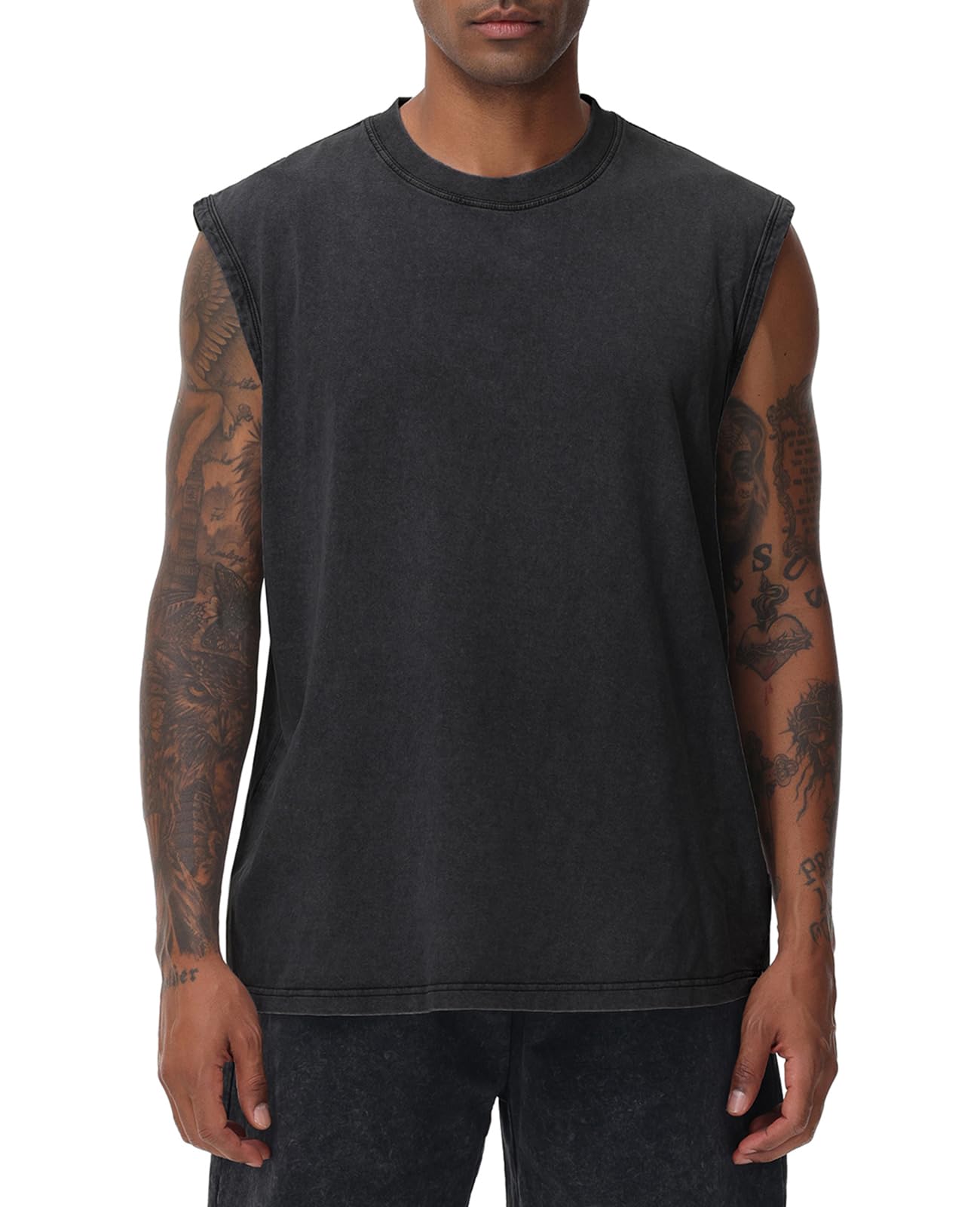 SnowElve Mens Workout Tank Tops Sleeveless Tee Shirts Men Muscle Shirt Gym Acid Wash T Shirts Running Beach Loose Fit Tee(BK,S) Black