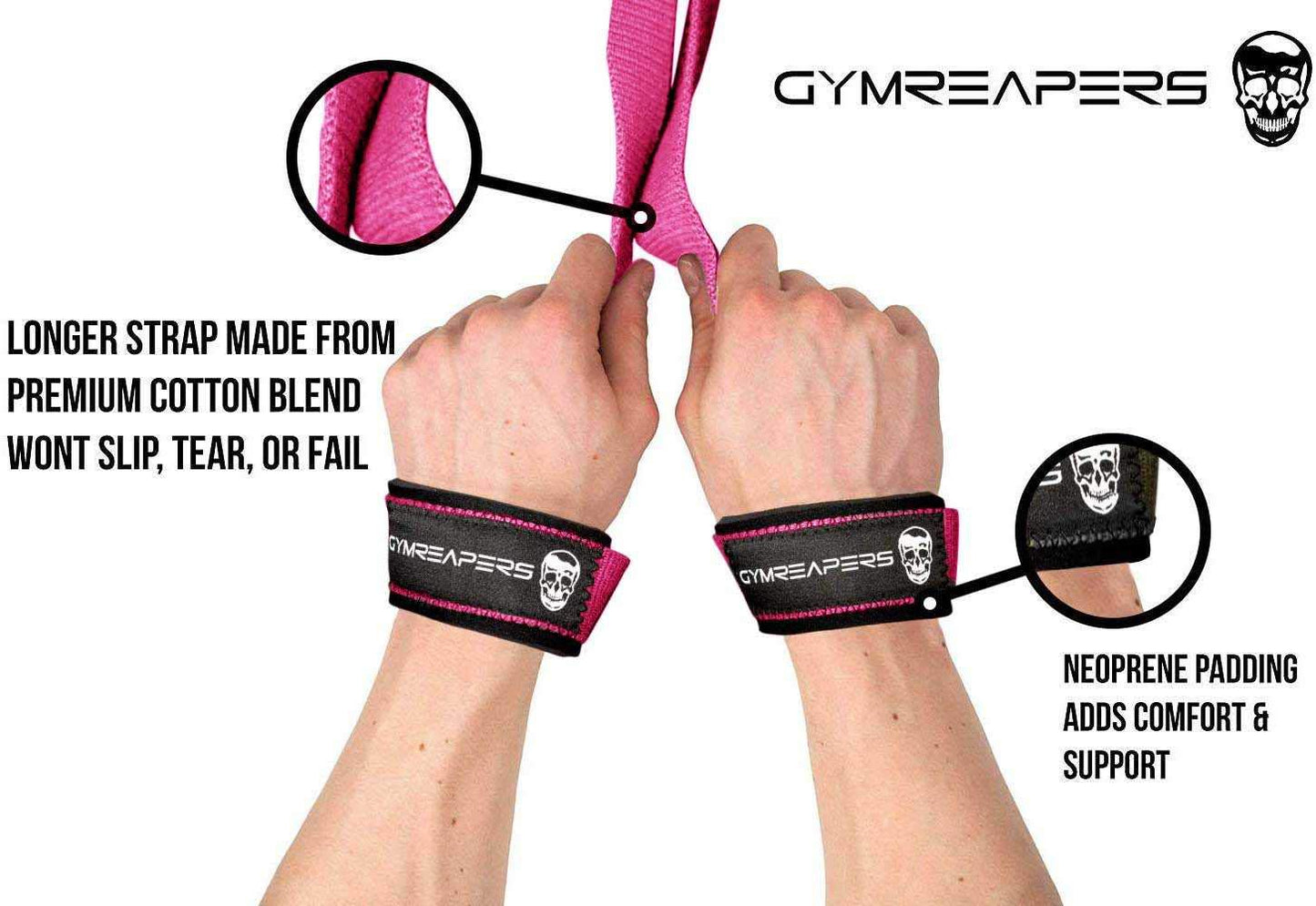 Gymreapers Lifting Wrist Straps for Weightlifting, Bodybuilding, Powerlifting, Strength Training, & Deadlifts - Padded Neoprene with 18 inch Cotton (Pink)