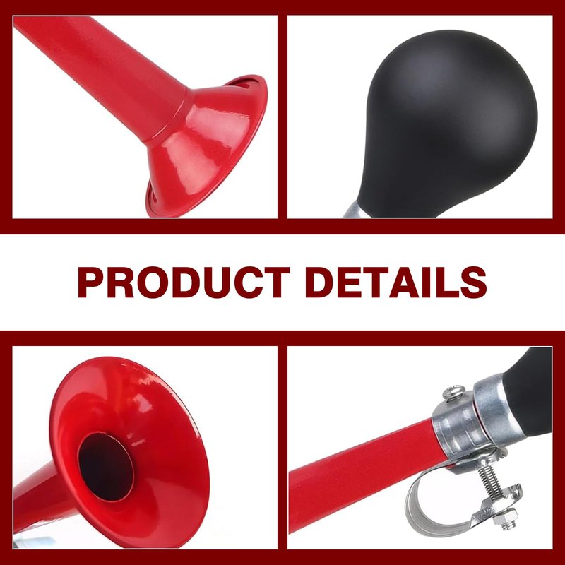 DACIRTY Bike Metal Air Horn, PVC Alloy Flood Sound Squeeze Ball Horn, Head/Mid Tube/Tail Modification Accessories, Suitable for Most Mountain Bikes Bicycles Beach Bikes (Red)