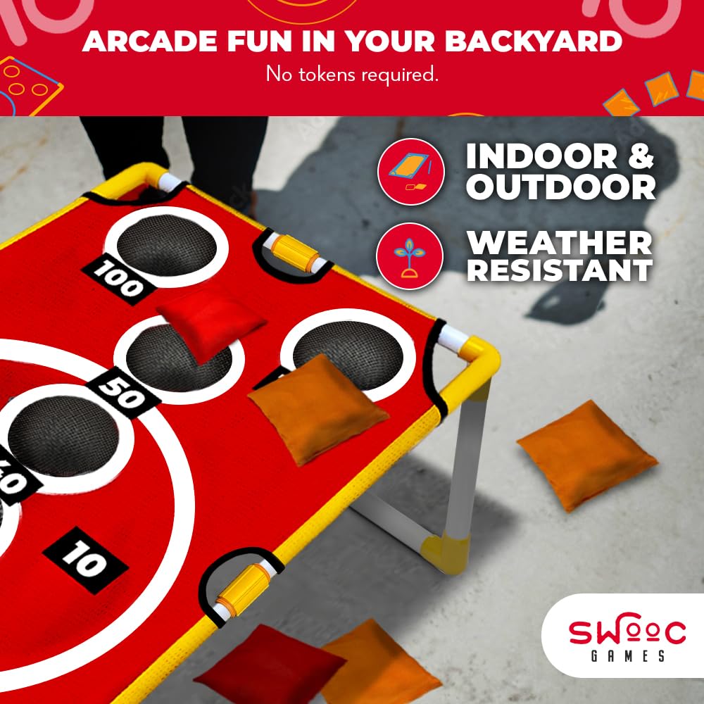 Swooc Games - Coney Island Toss™ - Arcade Style Cornhole Board Set w/Carrying Case & 15+ Games - Corn Hole Games for Adults - Kids Bean Bag Toss Game - Kids Cornhole Set w/Bags - Outdoor Yard Games