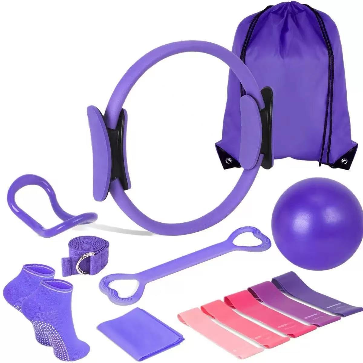CoreHarmony Pilates Equipment Kit for Women, Magic Circle Ring with Mini Ball, Multi Level Resistance Bands, Stretch Strap and Grip Socks, Women’s Day Gift