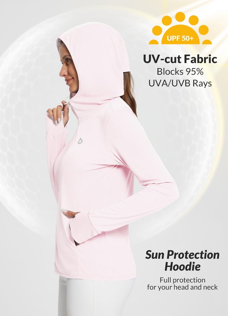 baleaf Women's SPF Jacket Sun Shirt UV Protection Hoodie Zip Up Long Sleeve Hooded Summer Clothing Running Hiking Light Pink M