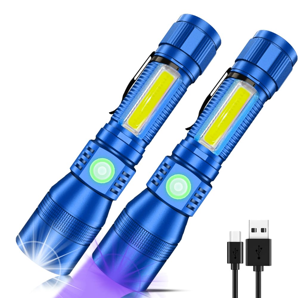 UV Flashlight Black Light, 2-Pack USB Rechargeable Blacklight Flashlight with Magnetic - 1000lm, Side Work Light, 7 Modes, Zoomable, Waterproof – LED Torch for Mechanics Pet Urine Stains Detector