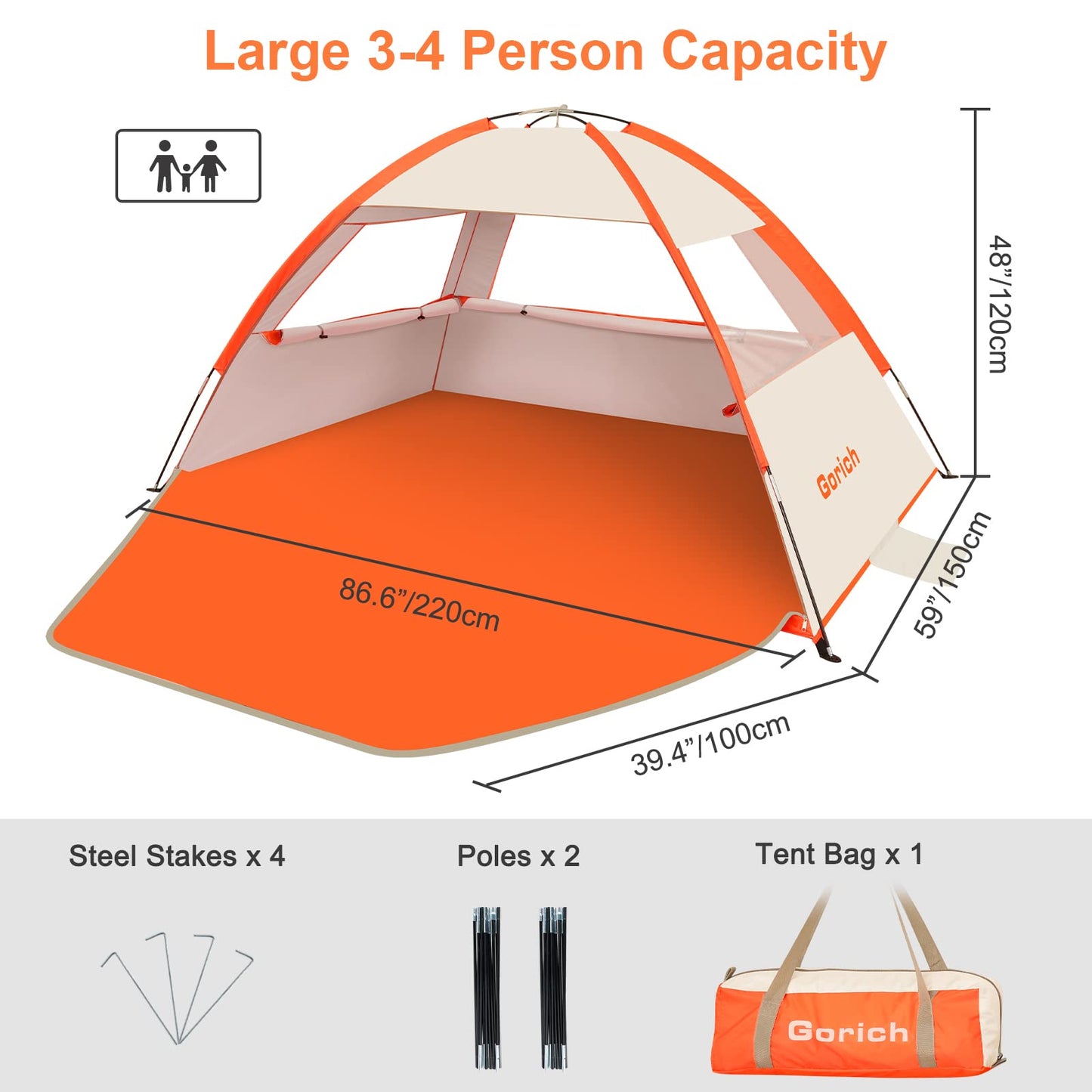 Gorich Beach Tent Sun Shelter for 3/4-5/6-7/8-10 Person with UPF 50＋ UV Protection, Lightweight & Easy Setup Beach Shade Canopy, Portable Beach Shade Tent Beach Cabana