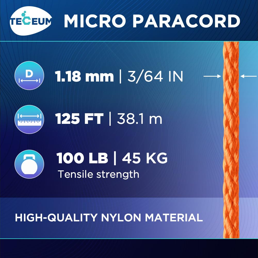 TECEUM Micro Paracord – Orange – 1.18 mm x 125 ft – Micro Utility Cord – Thin Braided Paracord Rope Nylon Polyester – Wind Chime Replacement – Survival Strong String 044c