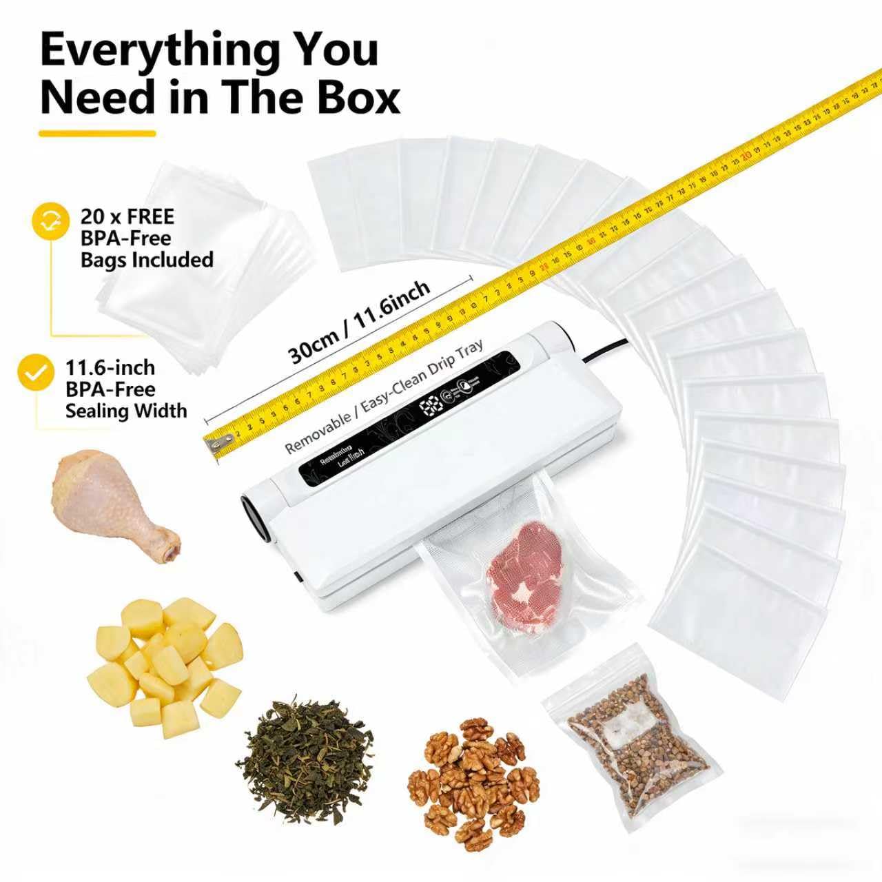 Food Vacuum Sealer Machine, 75KPA Strong Suction, Dry/Wet Modes, 20 Bags Included, Digital Countdown Timer, LED Indicator, Compact Design for Home Kitchen and Food Storage